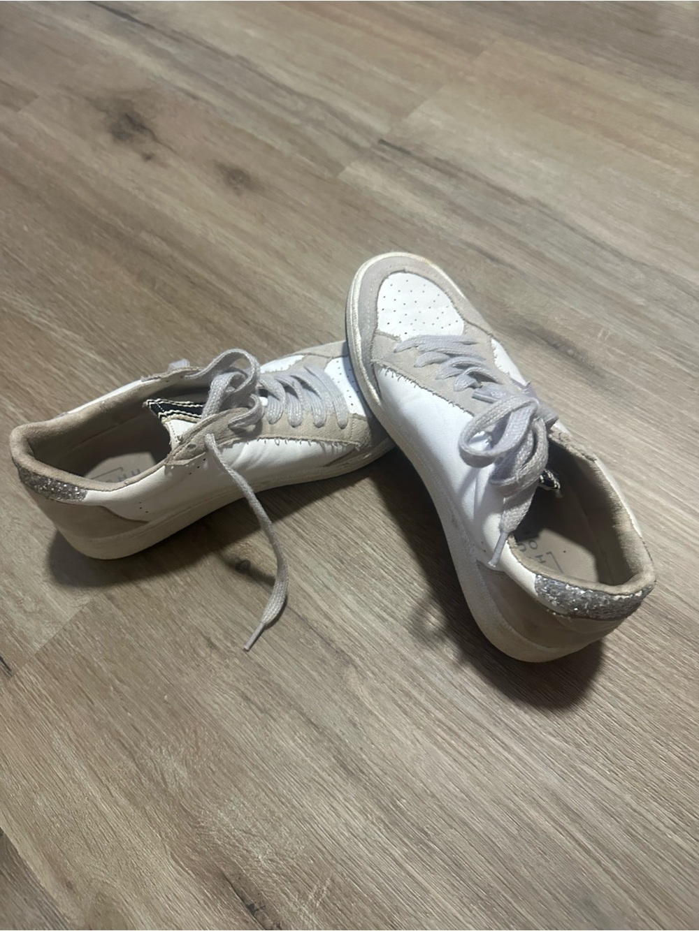 Vintage Havana White Sneakers with Beige Suede and Silver Glitter Heel